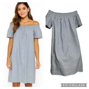 J.‎ Crew Blue and White Stripe Off Shoulder Dress Beach Coastal - Size 4 (2851)